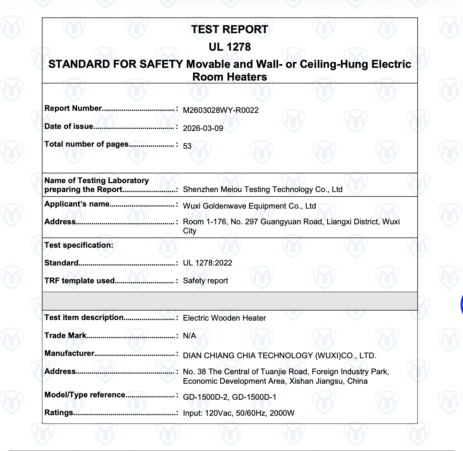 UL1278 Test Report for Sauna Heater